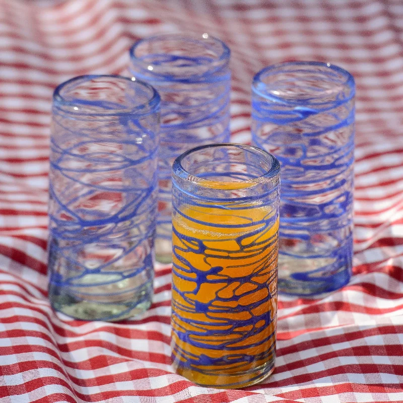 Six Blue Swirl Hand Blown 11 oz High Ball Glasses - Sapphire Swirl