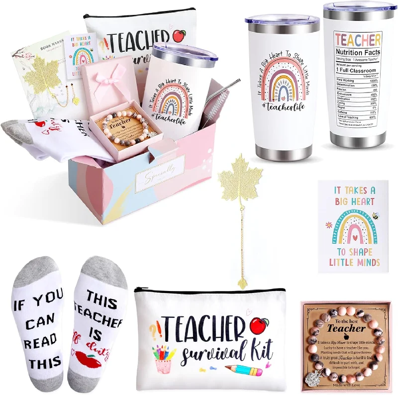 Teacher Appreciation Gifts, Teacher Gifts for Women, 20 OZ Teacher Tumbler, Teacher Pouch Bag, Teacher Socks, Thank You Basket Box for Teachers Birthday/Christmas Gifts, Back to School Gifts