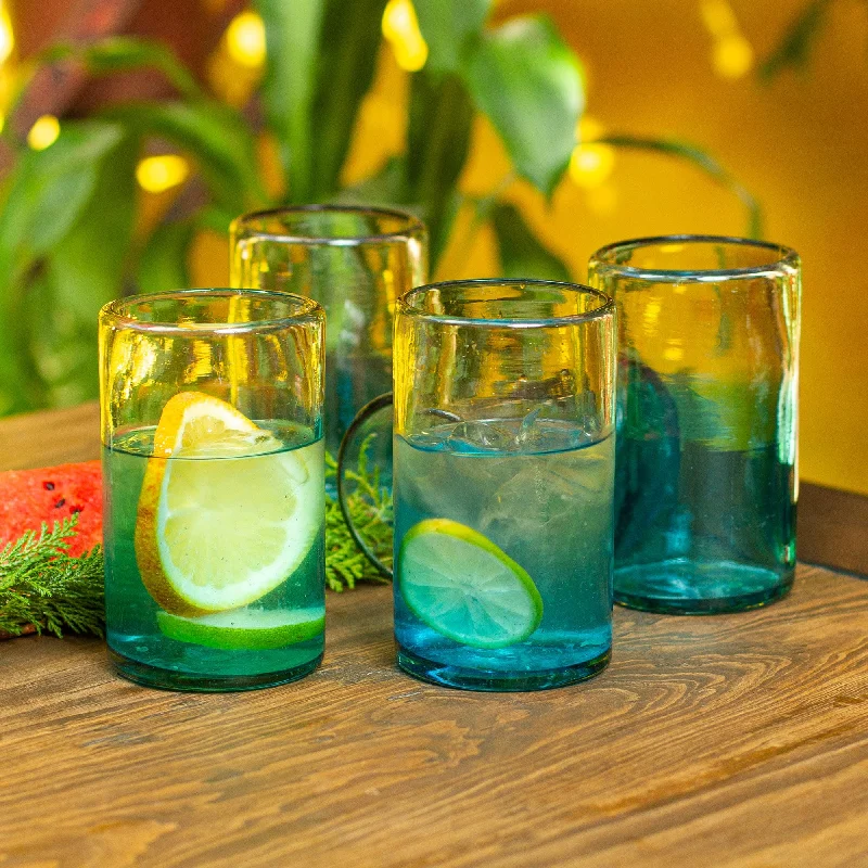 Turquoise Recycled Glass Tumblers from Mexico (Set of 6) - Tall Cooling Aquamarine