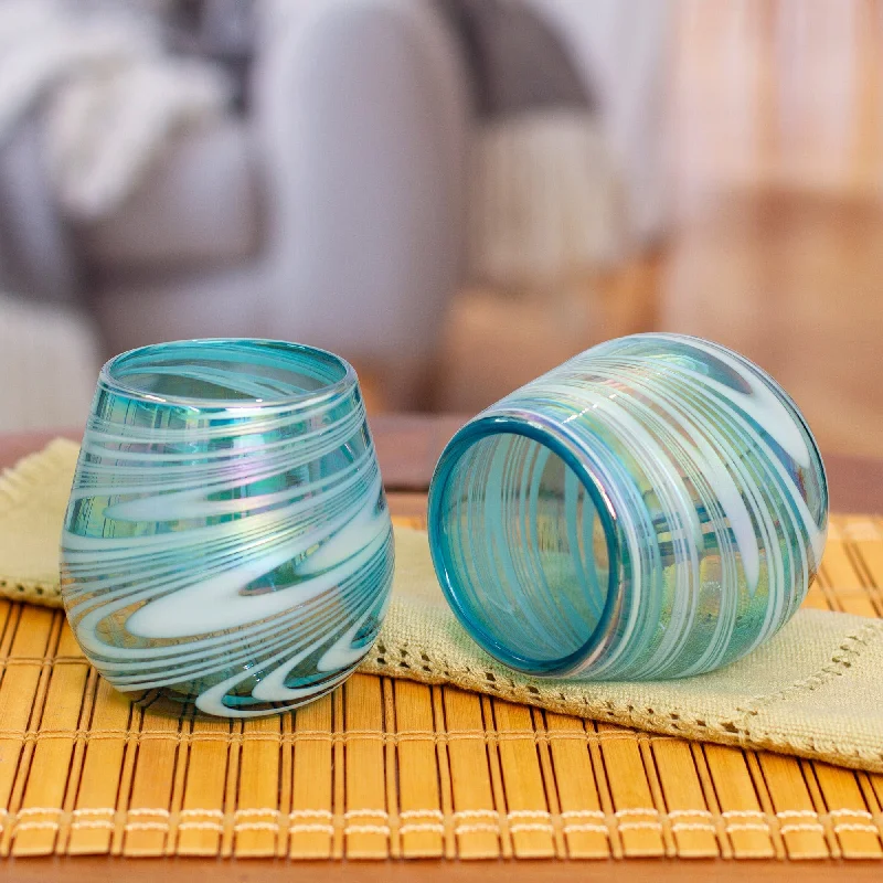 Two Handblown Stemless Wine Glasses in Turquoise and White - Waves of Sophistication