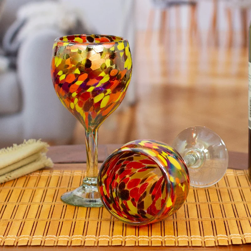 Pair of Wine Glasses Handblown from Recycled Glass - Bright Confetti