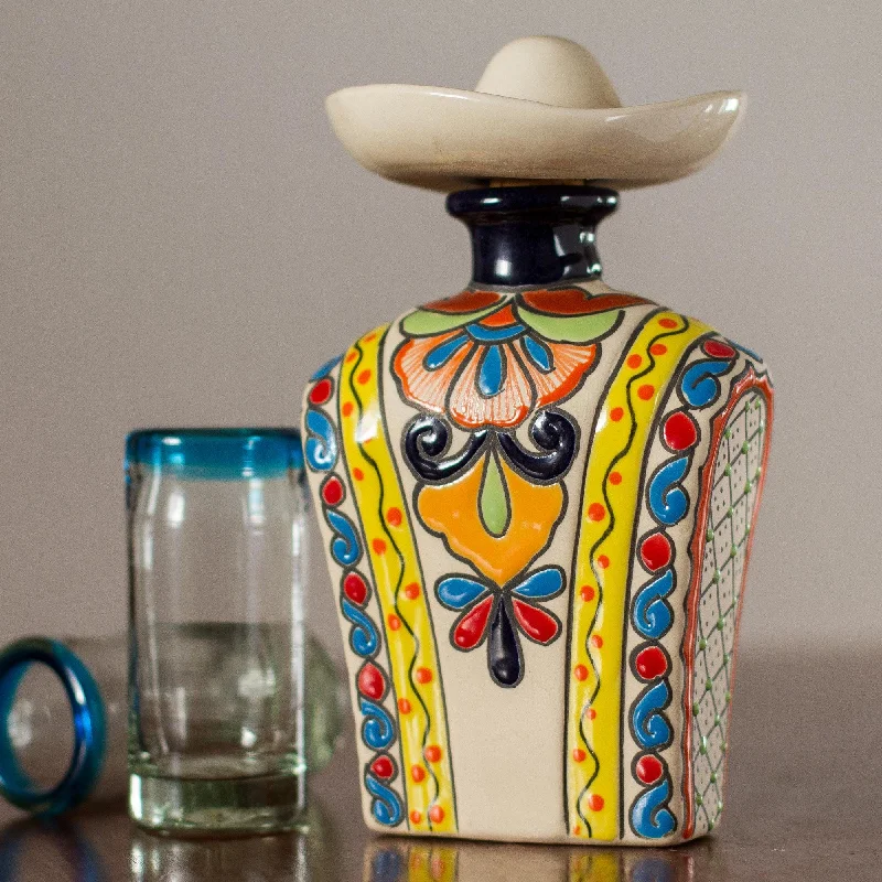 Yellow and Colorful Serape and Hat Ceramic Tequila Decanter - Serape in Yellow