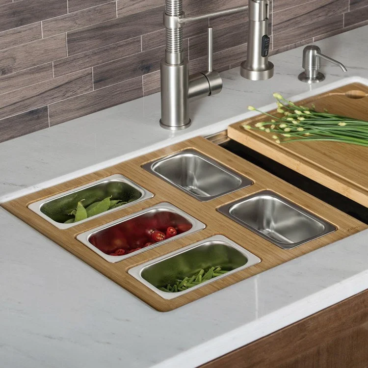 Workstation Kitchen Sink Serving Board Set with Rectangular Stainless Steel Bowls